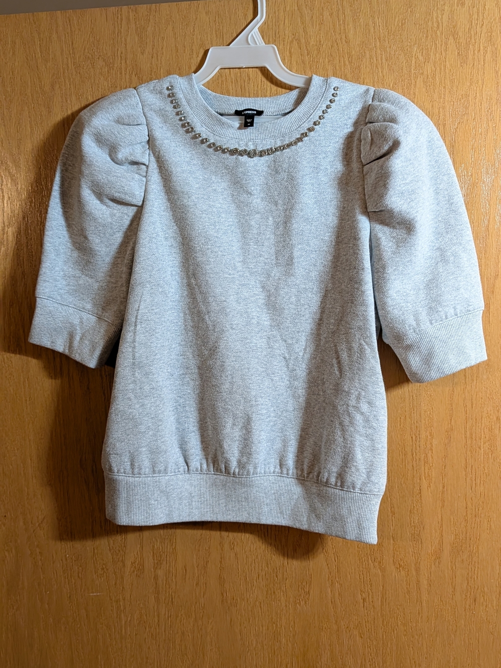 Embellished Crew Neck Short Puff Sleeve Fleece Sweatshirt from Express
